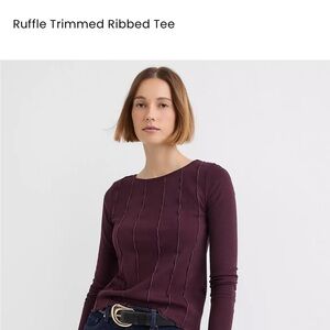LOFT Purple Ruffle-Trim Ribbed Long Sleeve Tee